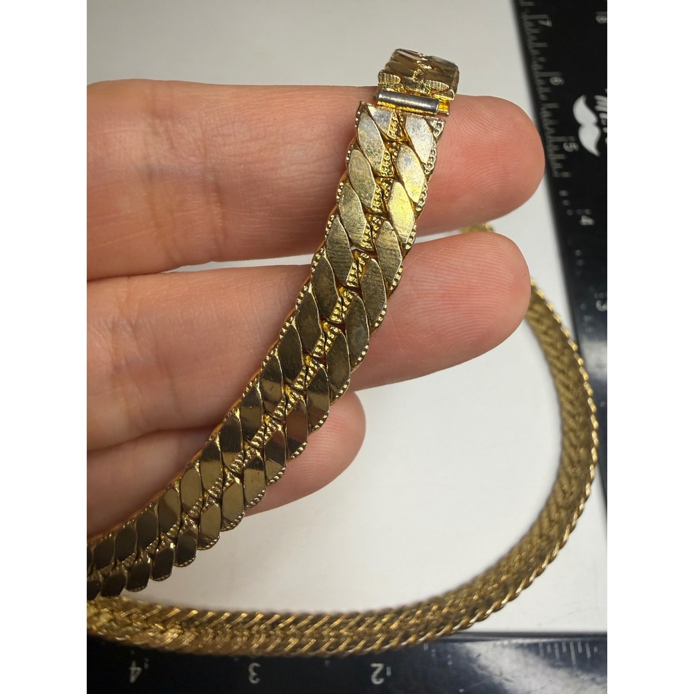 Gold Tone Textured Flat Curb Link Statement Necklace 17 Inch Fold Over Clasp
